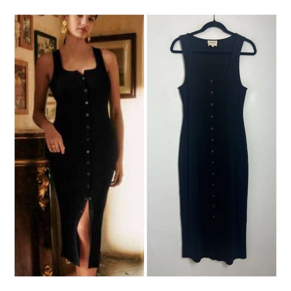 Sezane Dresses & Skirts - Sezane Size XL Black Fabiola Sleeveless Cotton Ribbed Button Front Midi Dress